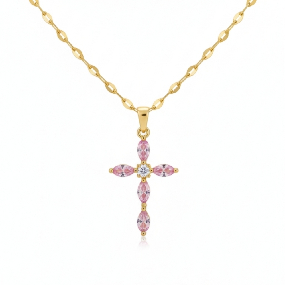 🆕️ Elegant Gold and Pink Cross Pendant Necklace